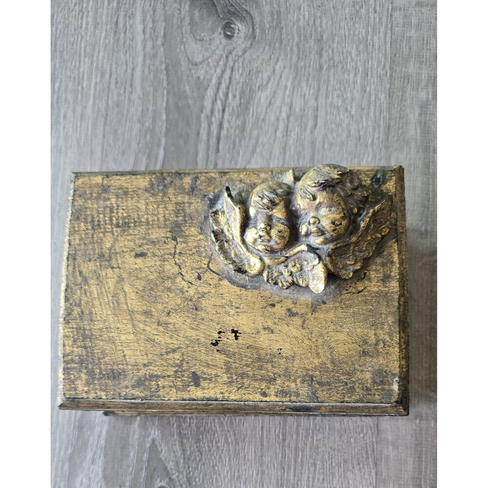 Vintage Wood Trinket Box Angels Cherubs Antique Gold Color Wooden - Picture 3 of 12